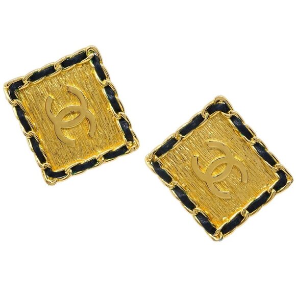 Chanel Square Leather Earrings Clip-On Gold 26 - Picture 1 of 4